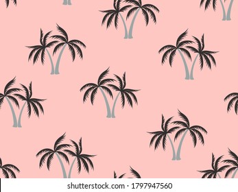 Coconut palm tree pattern textile material tropical forest background. Beautiful vector wallpaper repeating pattern. Minimalist tropical plants, coconut trees, beach palms textile background design.