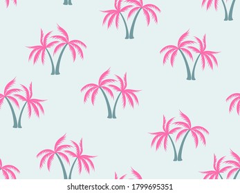 Coconut palm tree pattern textile material tropical forest background. Beautiful vector wallpaper repeating pattern. Minimalist tropical plants, coconut trees, beach palms textile background design.