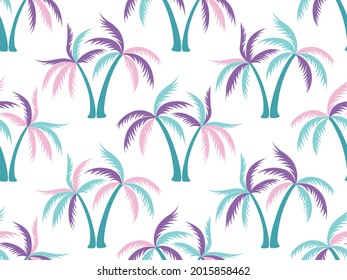 Coconut palm tree pattern textile material tropical forest background. Beautiful vector wallpaper repeating pattern. Minimalist tropical plants, coconut trees, beach palms textile background.