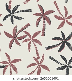 Coconut palm tree pattern textile seamless tropical forest background. Exotic vector fabric repeating pattern. Simple tropical plants, coconut trees, beach palms textile background design.