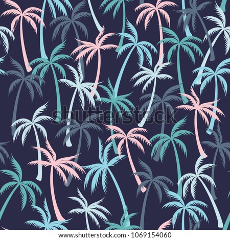 Coconut palm tree pattern textile seamless tropical forest background. Exotic vector swatch repeating pattern. Cute tropical plants, coconut trees, beach palms textile background design.