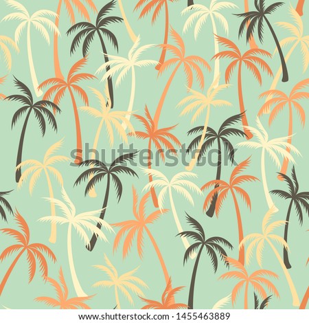 Coconut palm tree pattern textile seamless tropical forest background. Subtropical vector wallpaper repeating pattern. Marvelous tropical plants, coconut trees, beach palms textile background design.