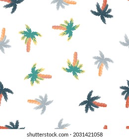 Las palmeras de coco dan forma a un patrón ininterrumpido en tonos pastel. Ornamento tropical aislado. Fondo blanco. Diseñado para el diseño de tejidos, impresión textil, envoltura, cubierta. Ilustración vectorial.