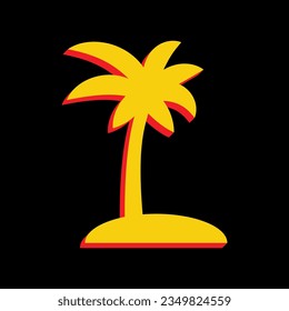 Coconut palm tree sign. 3D Extruded Yellow Icon with Red Sides a Black background. Illustration.