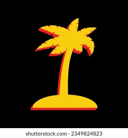 Coconut palm tree sign. 3D Extruded Yellow Icon with Red Sides a Black background. Illustration.