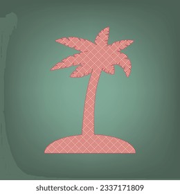 Coconut palm tree sign. Apricot Icon with Brick Red parquet floor graphic pattern on a Ebony background. Feldgrau. Green. Illustration.