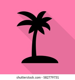 Coconut palm tree sign. Black icon with flat style shadow path on pink background.