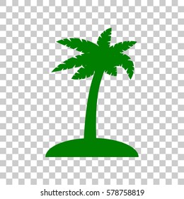 Coconut palm tree sign. Dark green icon on transparent background.