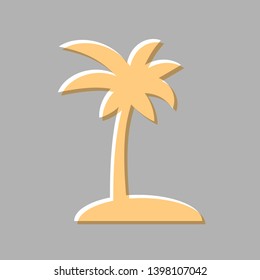 Coconut palm tree sign. Emboss effect with light orange icon on gray background.