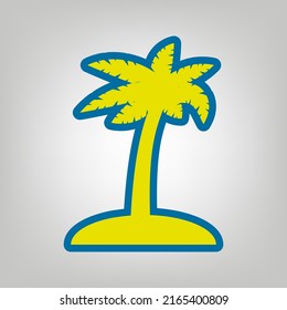 Coconut palm tree sign. Icon in colors of Ukraine flag (yellow, blue) at gray Background. Illustration.