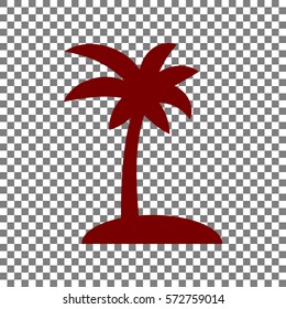 Coconut palm tree sign. Maroon icon on transparent background.