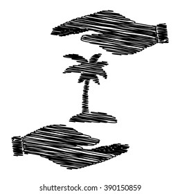 Coconut palm tree sign. Save or protect symbol by hands with scribble effect.