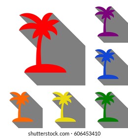 Coconut palm tree sign. Set of red, orange, yellow, green, blue and violet icons at white background with flat shadow.