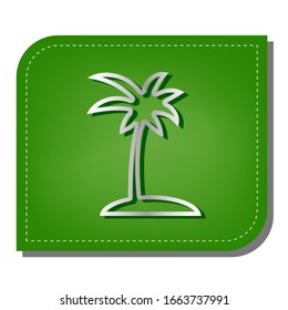 Coconut palm tree sign. Silver gradient line icon with dark green shadow at ecological patched green leaf. Illustration.