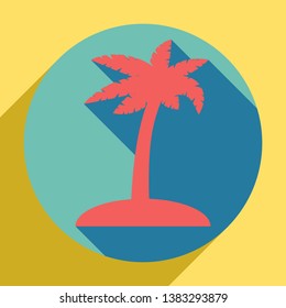 Coconut palm tree sign. Sunset orange icon with llapis lazuli shadow inside medium aquamarine circle with different goldenrod shadow at royal yellow background.