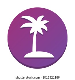 Coconut palm tree sign. Vector. White icon with flat shadow on purpureus circle at white background. Isolated.