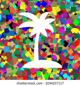Coconut palm tree sign. Vector. White icon on colorful background with seamless pattern from squares.