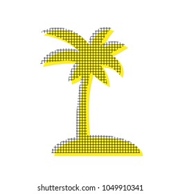 Coconut palm tree sign. Vector. Yellow icon with square pattern duplicate at white background. Isolated.