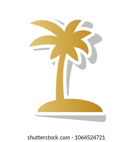 Coconut palm tree sign. Vector. Golden gradient icon with white contour and rotated gray shadow at white background.