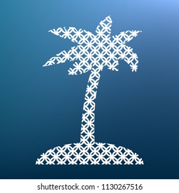 Coconut palm tree sign. Vector. White textured icon at lapis lazuli gradient background.