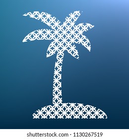 Coconut palm tree sign. Vector. White textured icon at lapis lazuli gradient background.