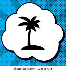 Coconut palm tree sign. Vector. Black icon in bubble on blue pop-art background with rays.