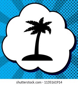 Coconut palm tree sign. Vector. Black icon in bubble on blue pop-art background with rays.