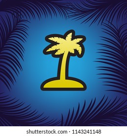 Coconut palm tree sign. Vector. Golden icon with black contour at blue background with branches of palm trees.