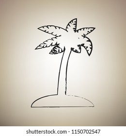 Coconut palm tree sign. Vector. Brush drawed black icon at light brown background.