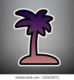 Coconut palm tree sign. Vector. Violet gradient icon with black and white linear edges at gray background.