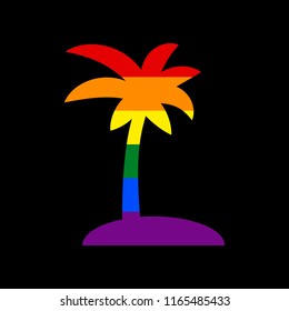 Coconut palm tree sign. Vector. Icon with colors of LGBT flag at black background.