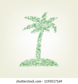 Coconut palm tree sign. Vector. Green hexagon rastered icon and noised opacity and size at light green background with central light.
