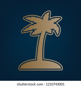 Coconut palm tree sign. Vector. Golden icon and border at dark cyan background.