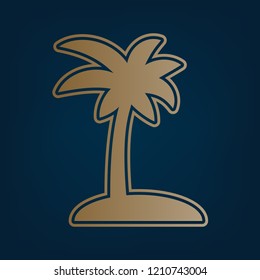 Coconut palm tree sign. Vector. Golden icon and border at dark cyan background.