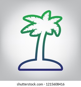 Coconut palm tree sign. Vector. Green to blue gradient contour icon at grayish background with light in center.