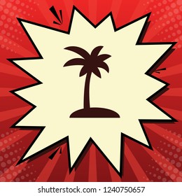 Coconut palm tree sign. Vector. Dark red icon in lemon chiffon shutter bubble at red popart background with rays.