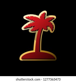 Coconut palm tree sign. Vector. Red icon with small black and limitless shadows at golden sticker on black background.