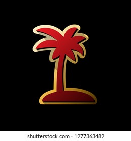 Coconut palm tree sign. Vector. Red icon with small black and limitless shadows at golden sticker on black background.