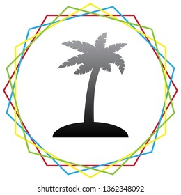 Coconut palm tree sign. Vector. Black icon with patch of light inside colorful hexagonal frames at white background.