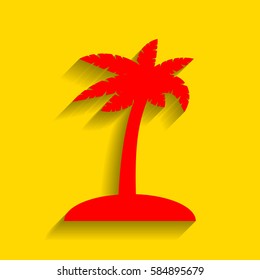 Coconut palm tree sign. Vector. Red icon with soft shadow on golden background.