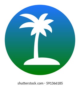 Coconut palm tree sign. Vector. White icon in bluish circle on white background. Isolated.