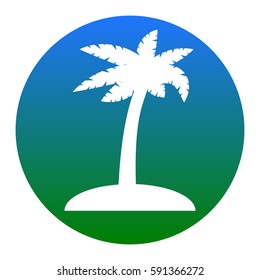 Coconut palm tree sign. Vector. White icon in bluish circle on white background. Isolated.