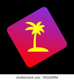 Coconut palm tree sign. Vector. Yellow icon at violet-red gradient square with rounded corners rotated for dynamics on black background.