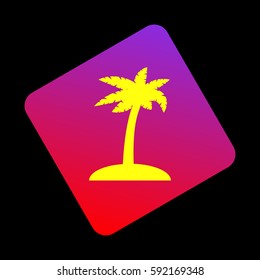 Coconut palm tree sign. Vector. Yellow icon at violet-red gradient square with rounded corners rotated for dynamics on black background.
