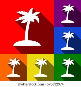 Coconut palm tree sign. Vector. Set of icons with flat shadows at red, orange, yellow, green, blue and violet background.
