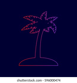 Coconut palm tree sign. Vector. Line icon with gradient from red to violet colors on dark blue background.