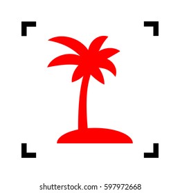Coconut palm tree sign. Vector. Red icon inside black focus corners on white background. Isolated.