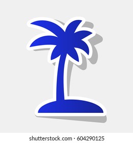 Coconut palm tree sign. Vector. New year bluish icon with outside stroke and gray shadow on light gray background.