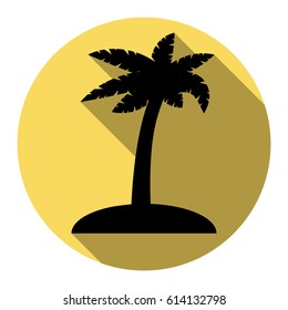 Coconut palm tree sign. Vector. Flat black icon with flat shadow on royal yellow circle with white background. Isolated.
