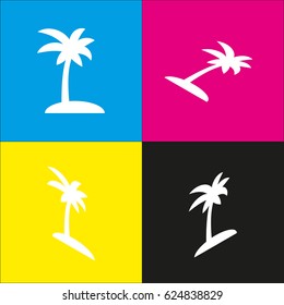 Coconut palm tree sign. Vector. White icon with isometric projections on cyan, magenta, yellow and black backgrounds.